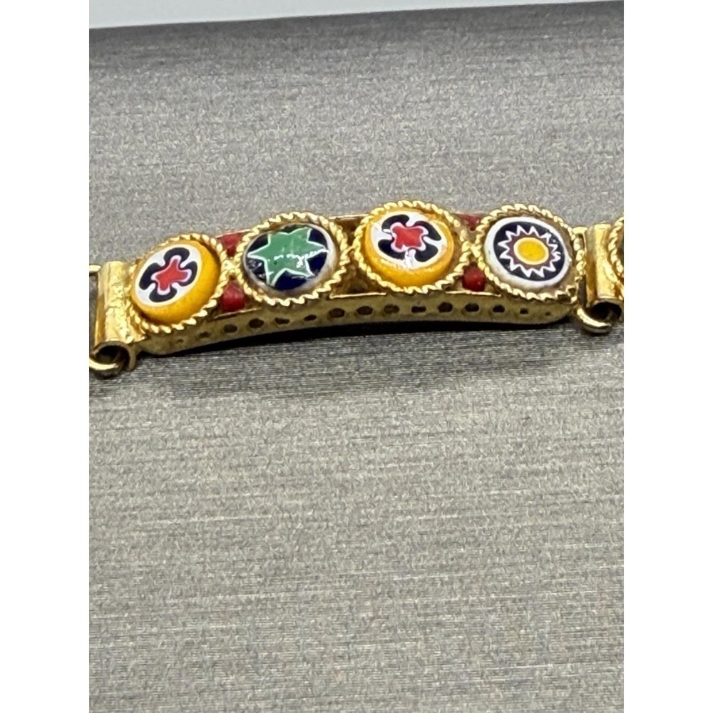 Vintage Micro Mosaic Millefiori Panel Gold Tone Bracelet Multi Color Sz 6 - Picture 10 of 13
